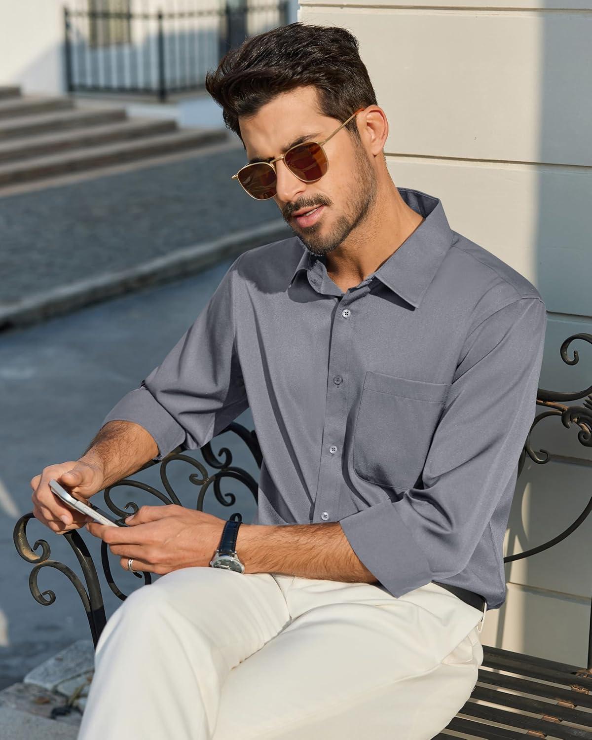 imageAlimens amp Gentle Mens Dress Shirts Stretch Long Sleeve Button Down Shirt Solid Sun Protection Wedding Business ShirtGrey