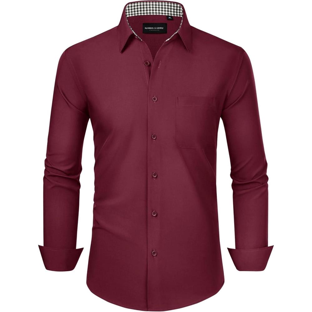 imageAlimens amp Gentle Mens Dress Shirts Long Sleeve Button Down Shirt Men Wrinkle Free Contrast Collar ShirtsBurgundy