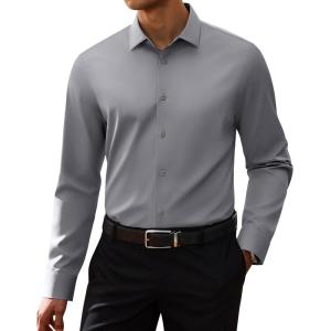 Alimens & Gentle Men’s Premium Dress Shirts – Mulberry Silk Performance Wrinkle Free Stain Shield Button Down Shirt(Grey)