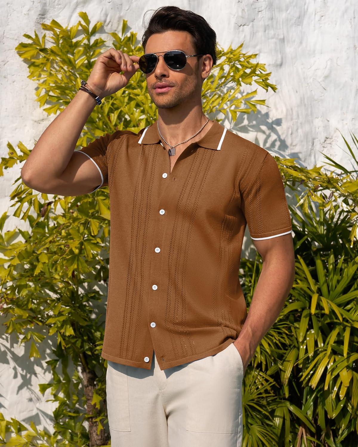 imageAlimens amp Gentle Mens Brown Button Up Shirt Knit Textured Short Sleeve Shirt Casual Beach Vacation Shirts XL