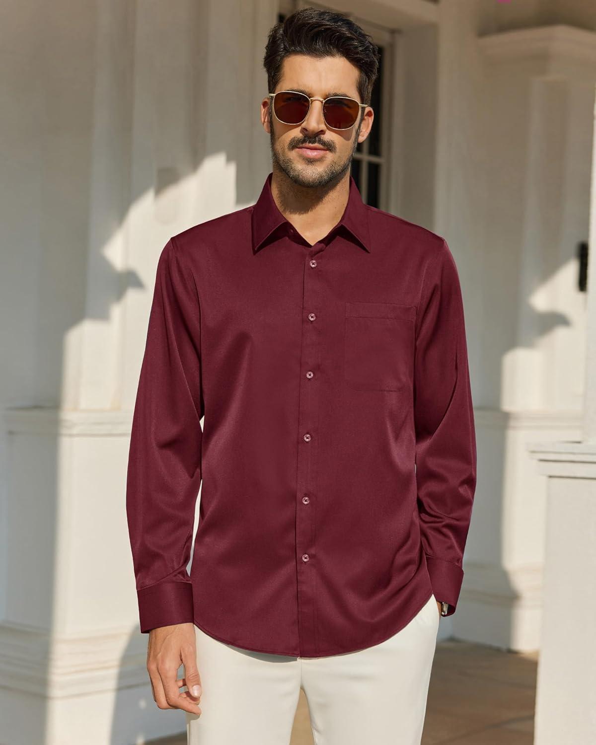 imageAlimens amp Gentle Mens Dress Shirts Wrinkle Free Long Sleeve Button Down Shirt Solid Sun Protection Business Shirt with PocketBurgundy