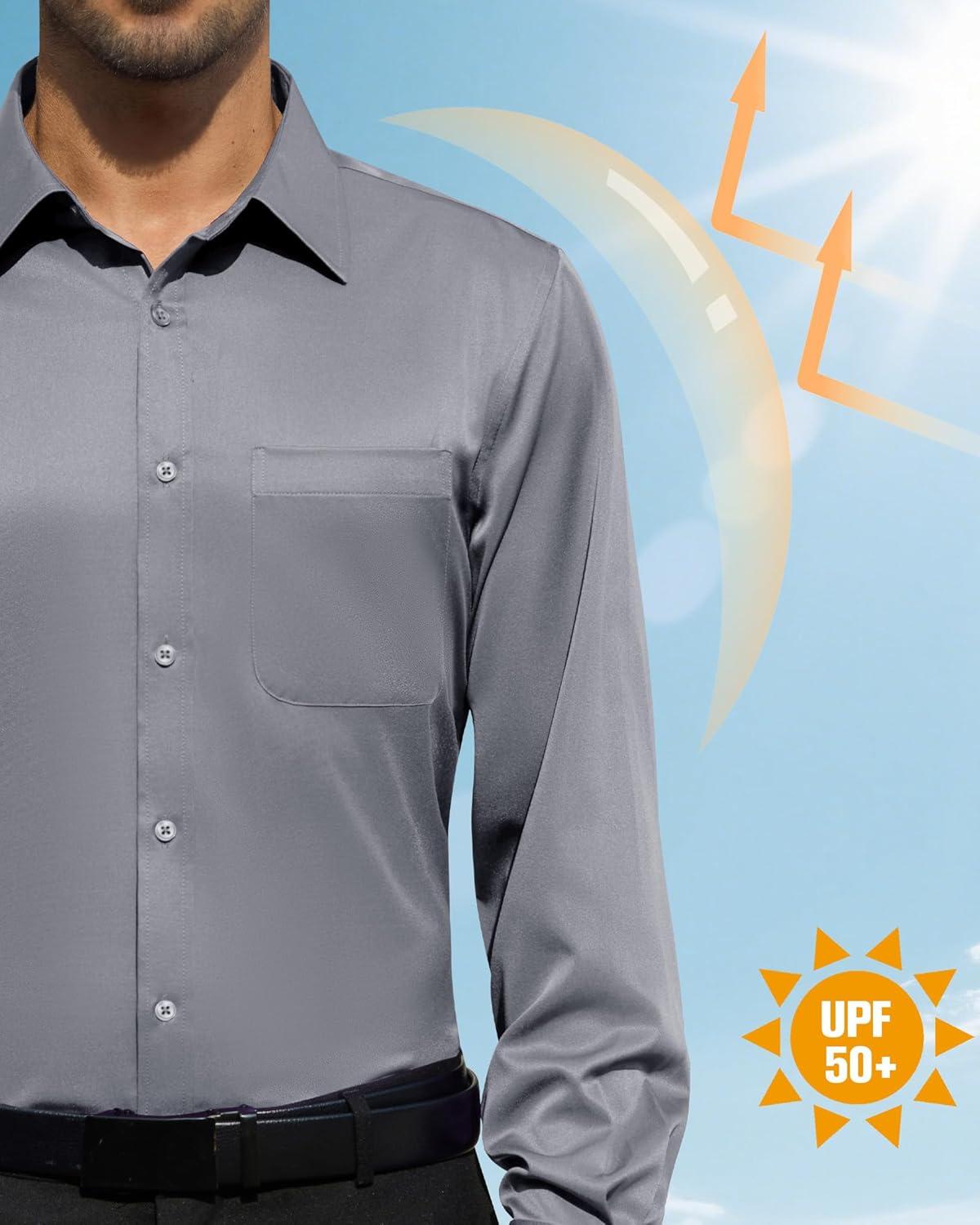 imageAlimens amp Gentle Mens Dress Shirts Wrinkle Free Long Sleeve Button Down Shirt Solid Sun Protection Business Shirt with PocketGrey