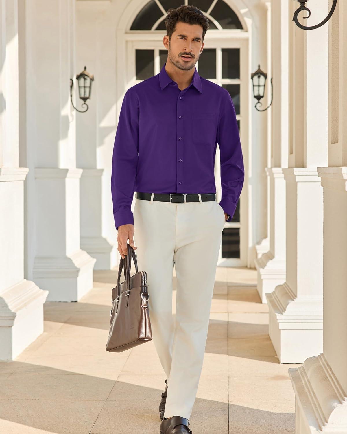 imageAlimens amp Gentle Mens Dress Shirts Wrinkle Free Long Sleeve Button Down Shirt Solid Sun Protection Business Shirt with PocketPurple