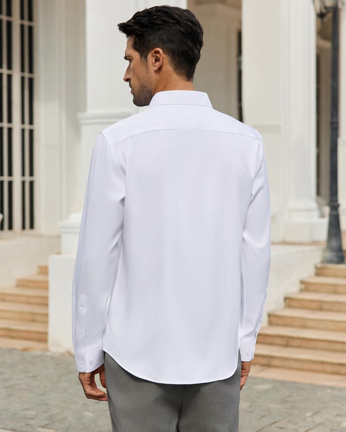 imageAlimens amp Gentle Mens Dress Shirts Wrinkle Free Long Sleeve Button Down Shirt Solid Sun Protection Business Shirt with PocketWhite