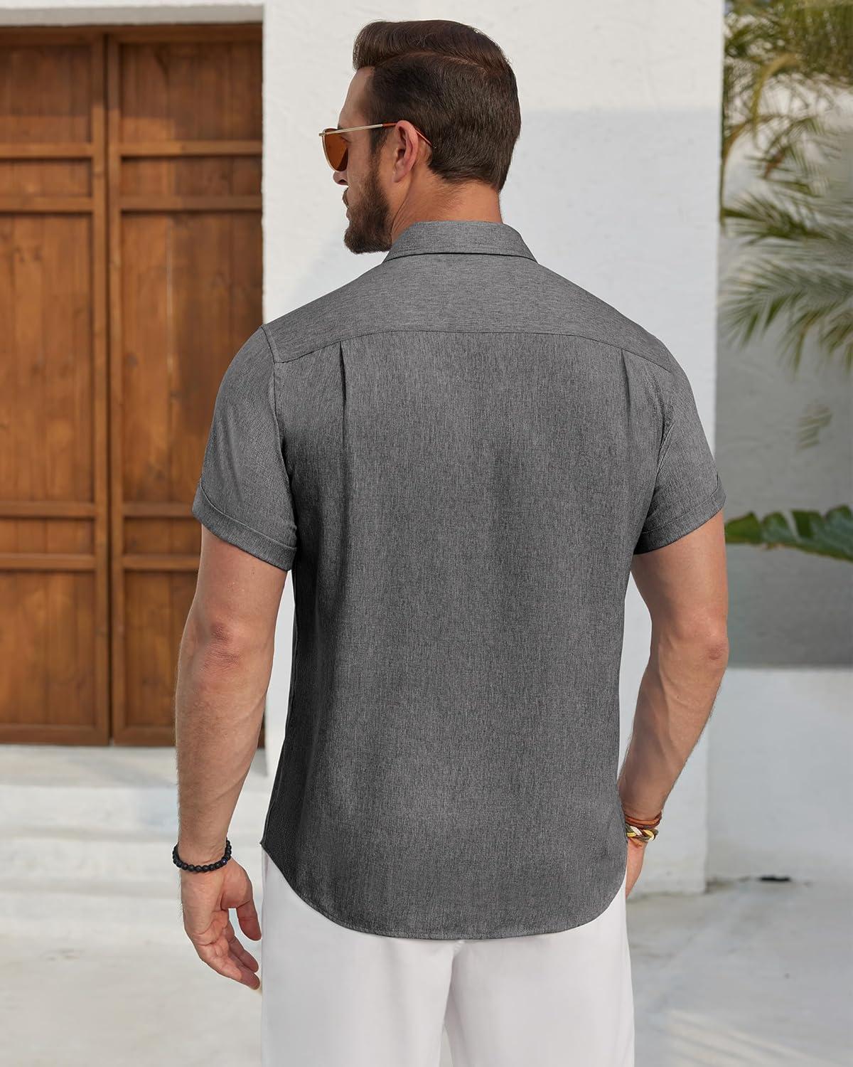 imageAlimens amp Gentle Mens Linen Shirt Short Sleeve Button Down Shirt Casual Beach Vacation Summer Wedding ShirtsGrey