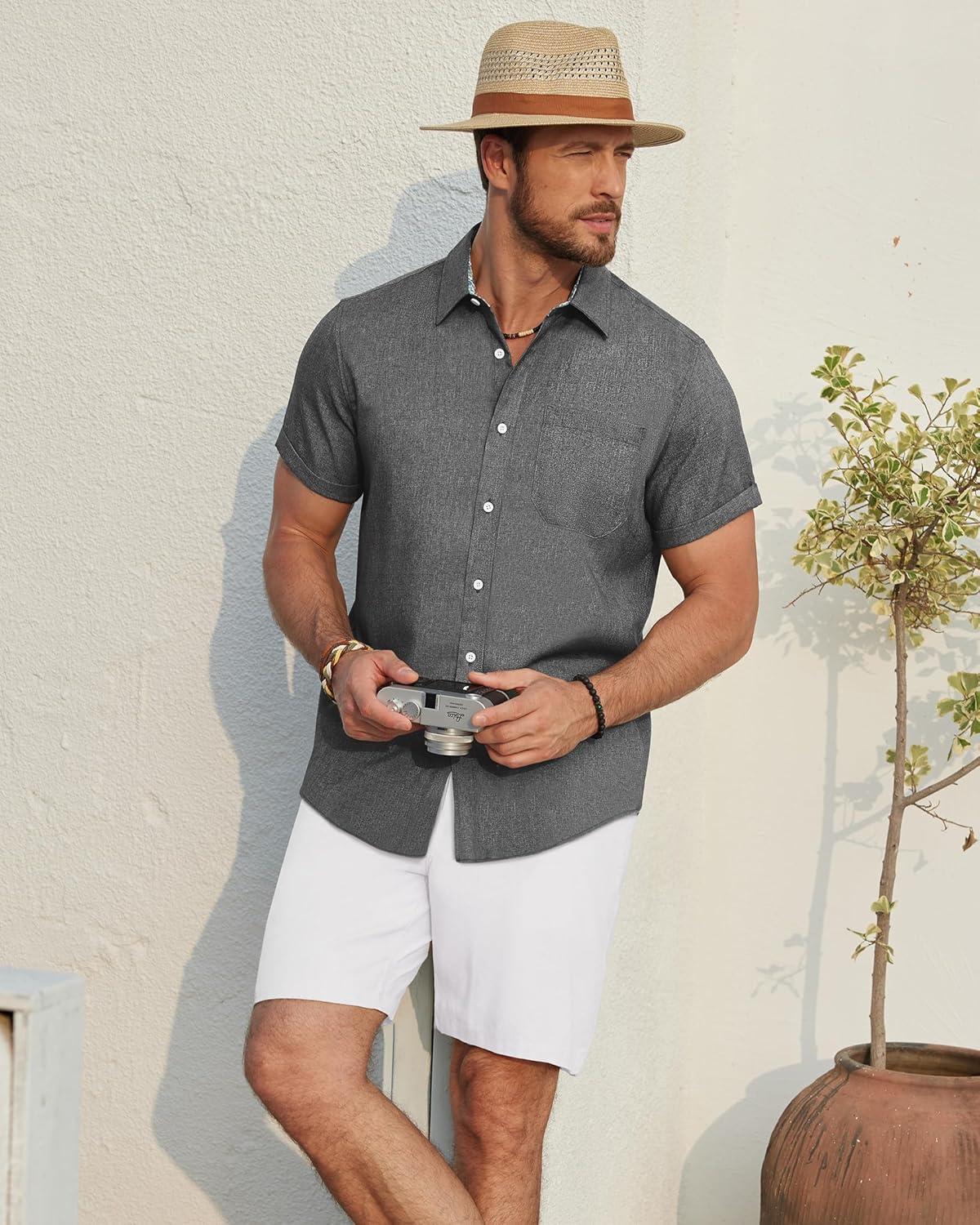 imageAlimens amp Gentle Mens Linen Shirt Short Sleeve Button Down Shirt Casual Beach Vacation Summer Wedding ShirtsGrey