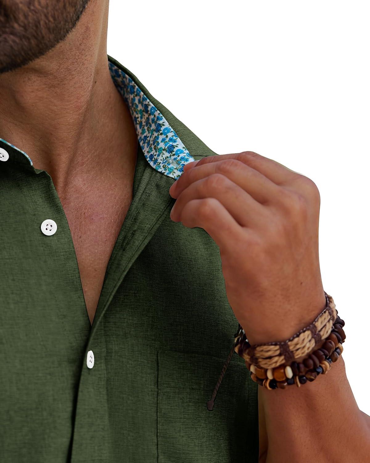 imageAlimens amp Gentle Mens Linen Shirt Short Sleeve Button Down Shirt Casual Beach Vacation Summer Wedding ShirtsOlive Green