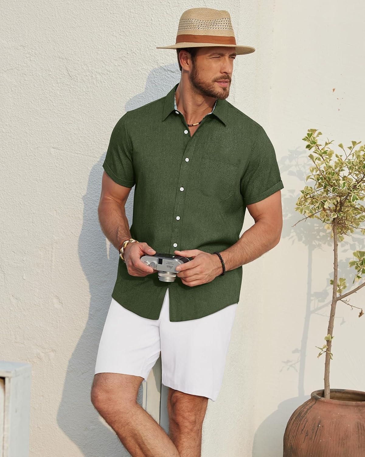 imageAlimens amp Gentle Mens Linen Shirt Short Sleeve Button Down Shirt Casual Beach Vacation Summer Wedding ShirtsOlive Green