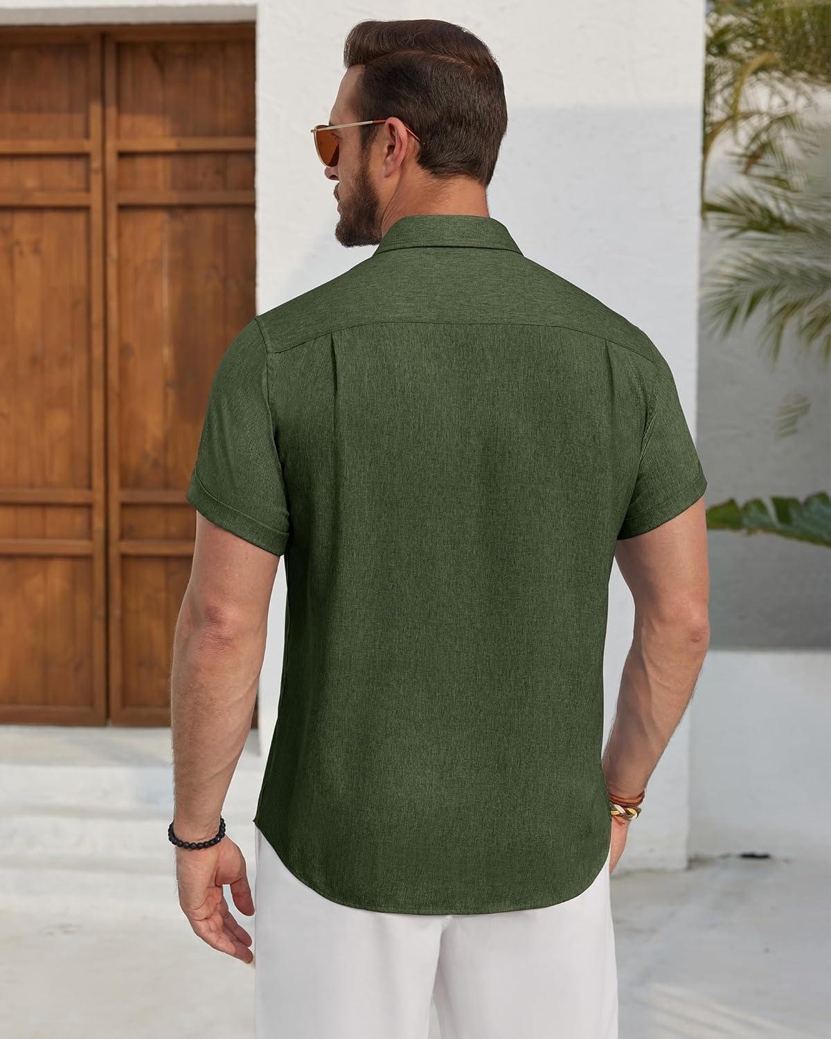 imageAlimens amp Gentle Mens Linen Shirt Short Sleeve Button Down Shirt Casual Beach Vacation Summer Wedding ShirtsOlive Green