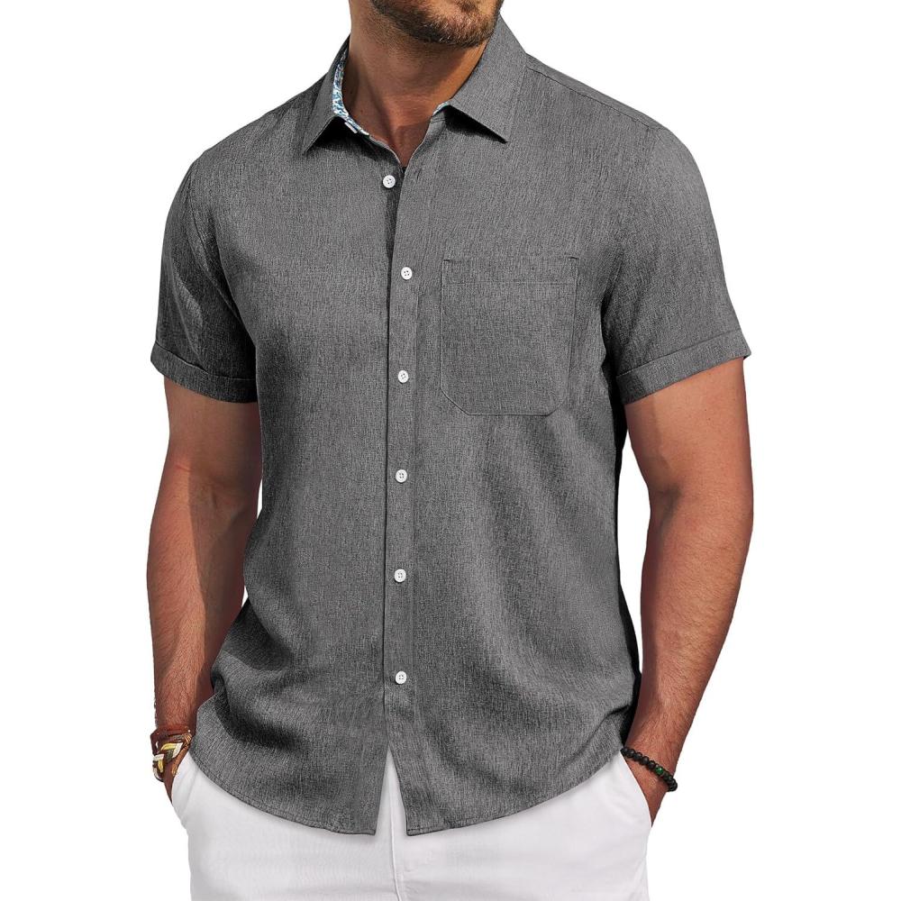 imageAlimens amp Gentle Mens Linen Shirt Short Sleeve Button Down Shirt Casual Beach Vacation Summer Wedding ShirtsGrey