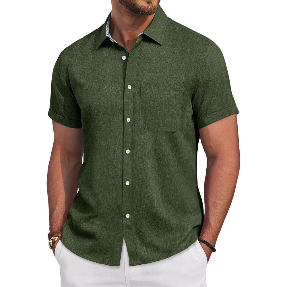imageAlimens amp Gentle Mens Linen Shirt Short Sleeve Button Down Shirt Casual Beach Vacation Summer Wedding ShirtsOlive Green
