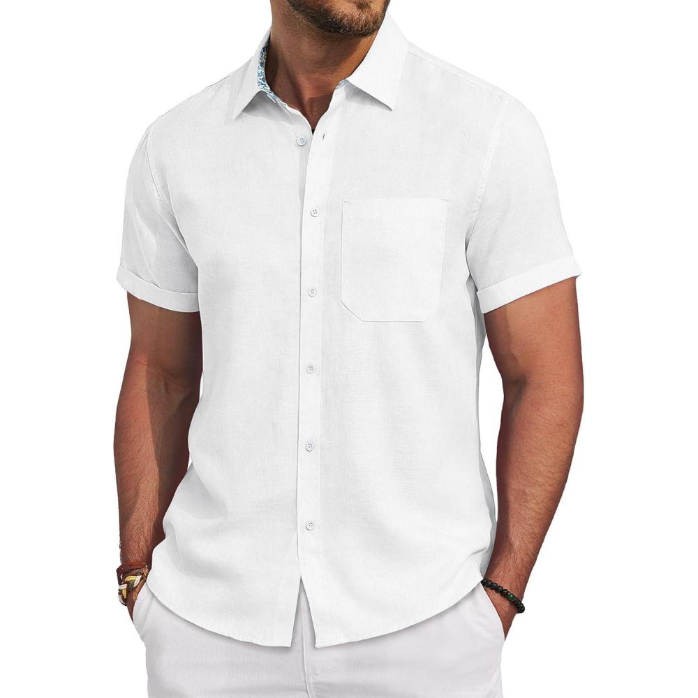 imageAlimens amp Gentle Mens Linen Shirt Short Sleeve Button Down Shirt Casual Beach Vacation Summer Wedding ShirtsWhite