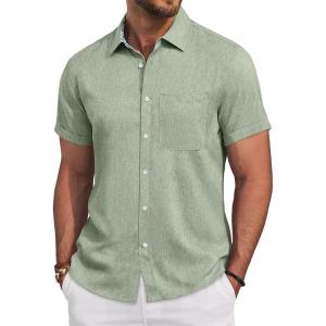 Alimens & Gentle Mens Linen Shirt Short Sleeve Button Down Shirt Casual Beach Vacation Summer Wedding Shirts(Green)