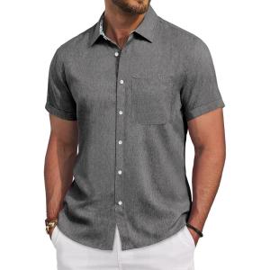 Alimens & Gentle Mens Linen Shirt Short Sleeve Button Down Shirt Casual Beach Vacation Summer Wedding Shirts(Grey)