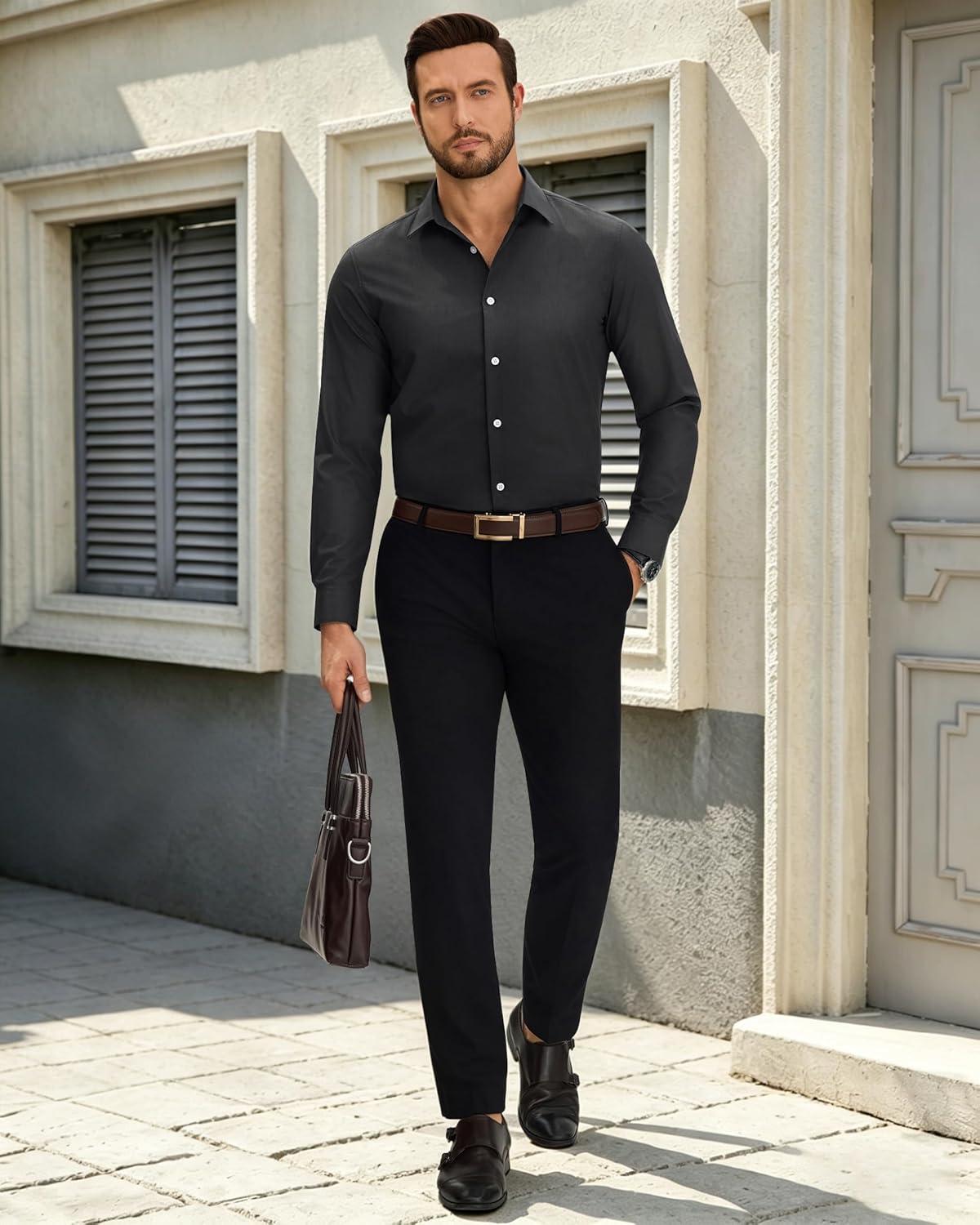 imageAlimens amp Gentle Mens Dress Shirts Wrinkle Free Regular Fit Long Sleeve Textured Business Casual Button Down ShirtsBlack