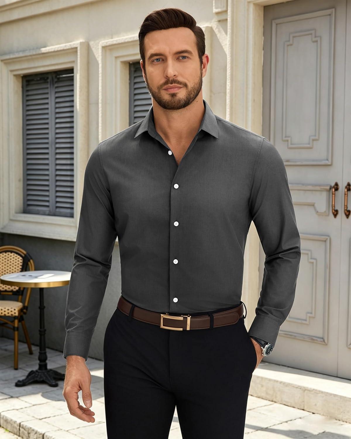 imageAlimens amp Gentle Mens Dress Shirts Wrinkle Free Regular Fit Long Sleeve Textured Business Casual Button Down ShirtsGrey