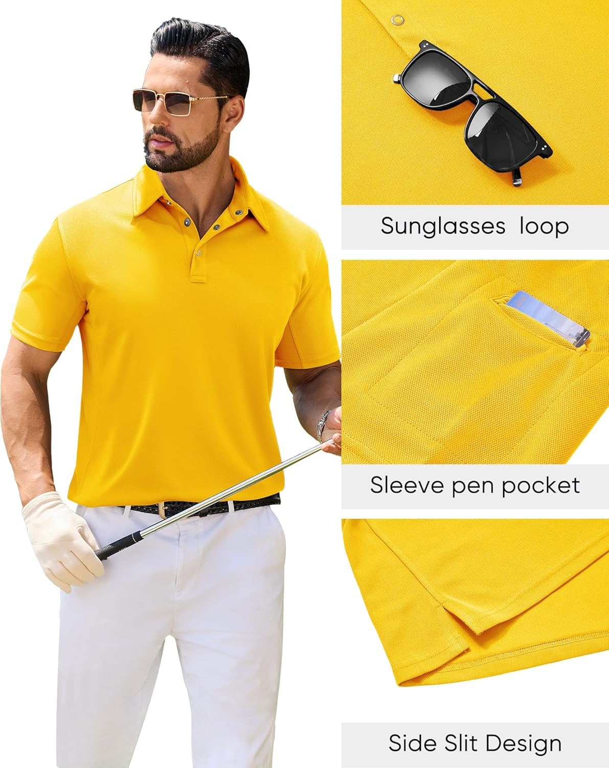 image:imageAlimens amp Gentle Mens Polo Shirt Golf Shirt Camping Dry Fit Tops Bright Yellow