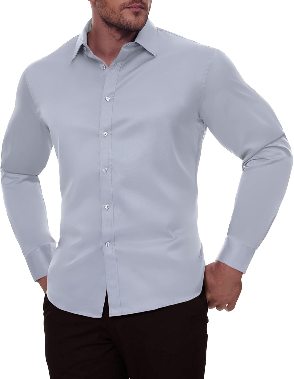 image:imageAlimens amp Gentle Mens Dress Shirts Transitional Weather Long Sleeve Stretch WrinkleFree Button Down TopSilver