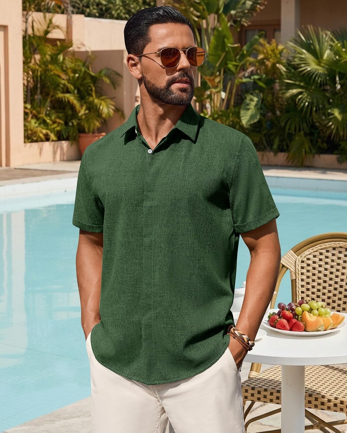 image:imageAlimens amp Gentle Mens Linen Shirt Short Sleeve Button Down Shirt Casual Summer Beach Vacation Wedding Linen Texture ShirtsDark Green