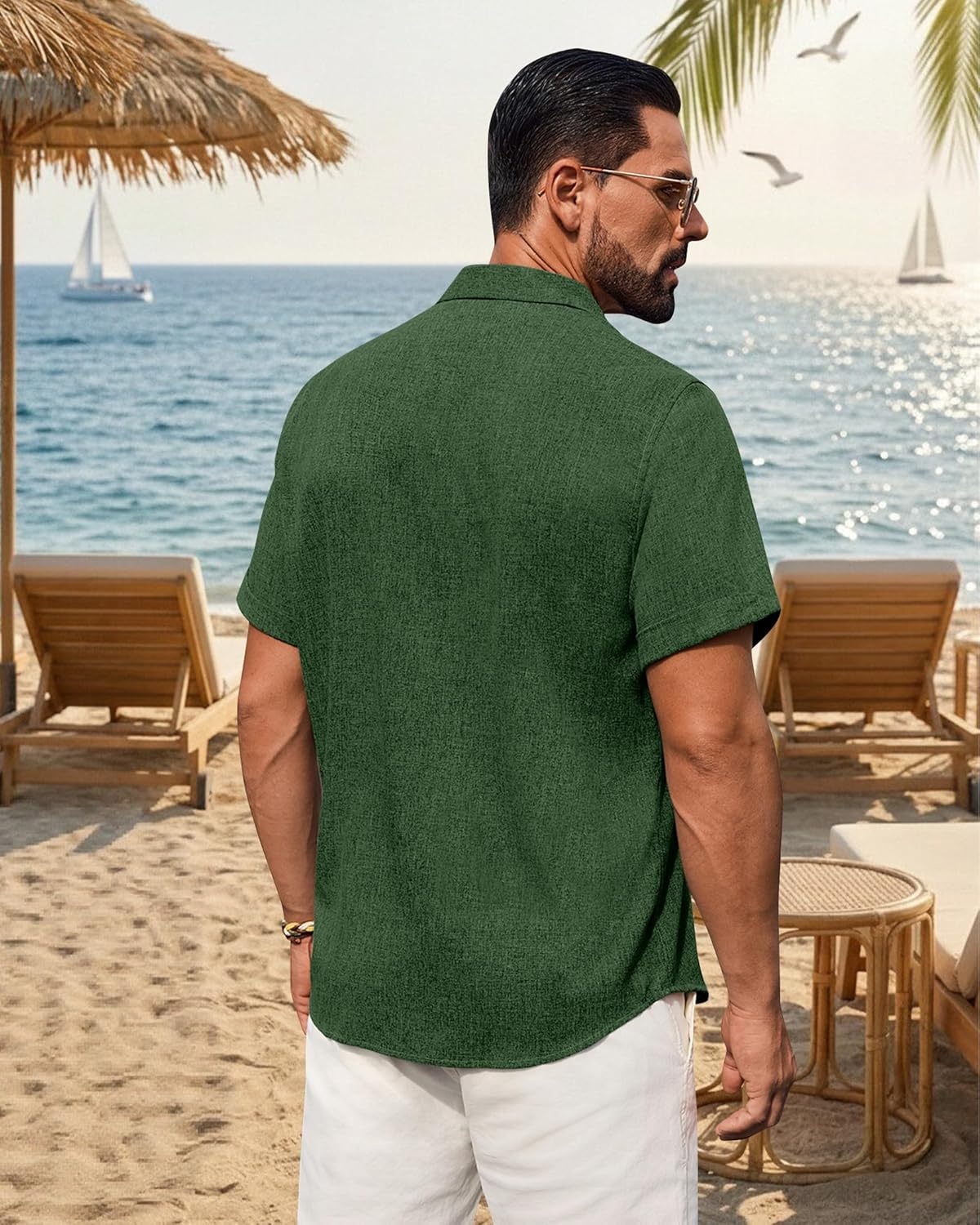 image:imageAlimens amp Gentle Mens Linen Shirt Short Sleeve Button Down Shirt Casual Summer Beach Vacation Wedding Linen Texture ShirtsDark Green