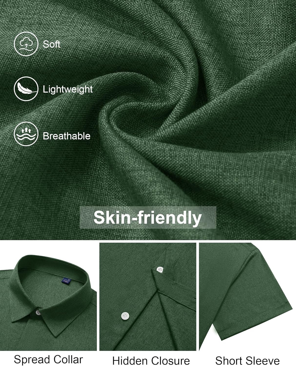 image:imageAlimens amp Gentle Mens Linen Shirt Short Sleeve Button Down Shirt Casual Summer Beach Vacation Wedding Linen Texture ShirtsDark Green