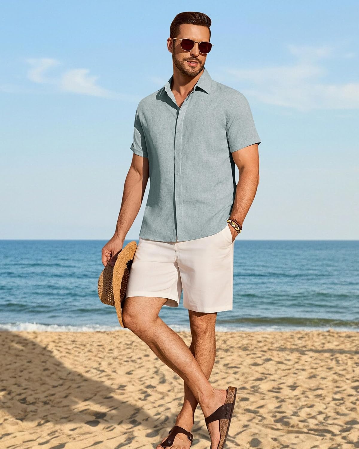 image:imageAlimens amp Gentle Mens Linen Shirt Short Sleeve Button Down Shirt Casual Summer Beach Vacation Wedding Linen Texture ShirtsDusty Blue