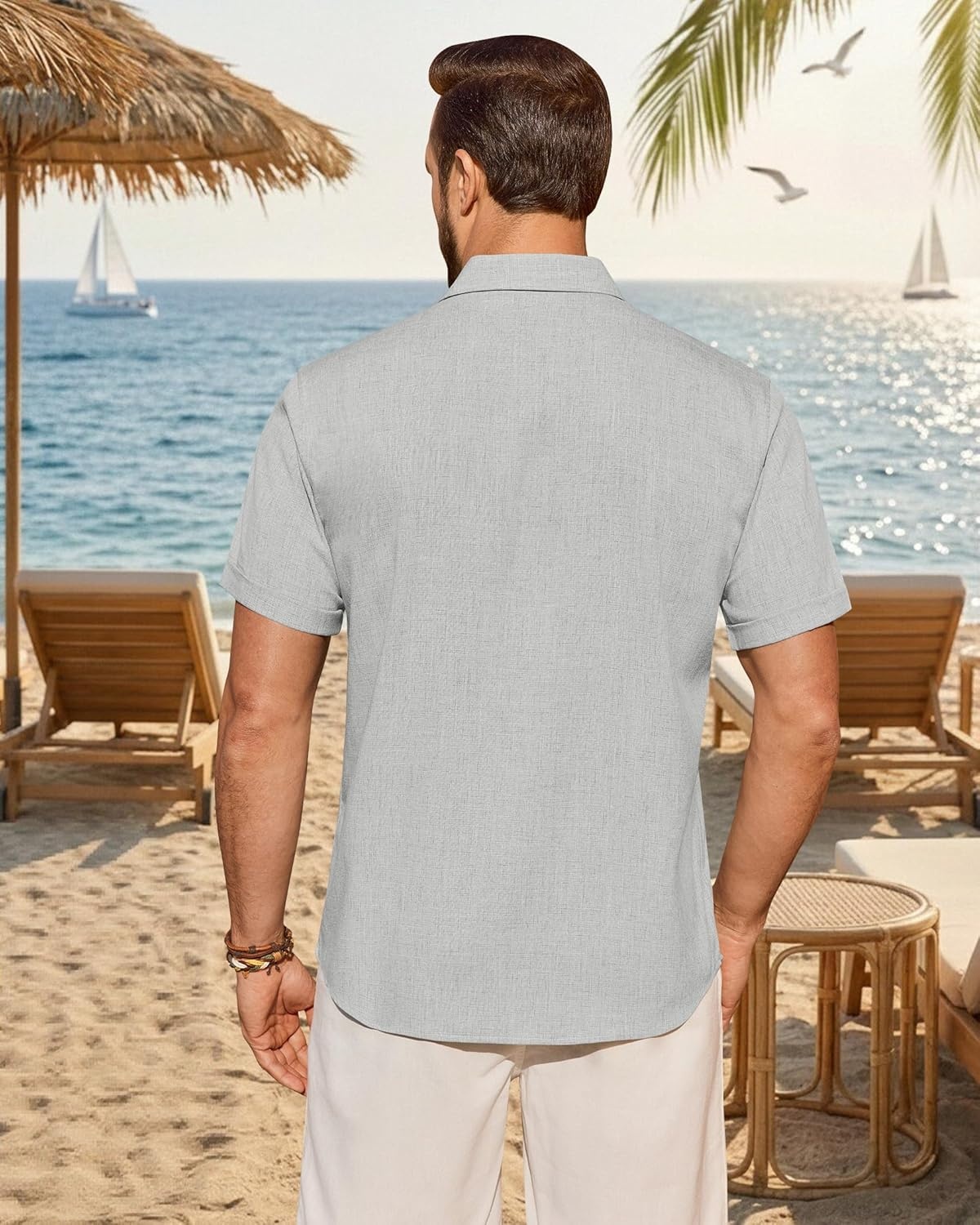 image:imageAlimens amp Gentle Mens Linen Shirt Short Sleeve Button Down Shirt Casual Summer Beach Vacation Wedding Linen Texture ShirtsPale Grey