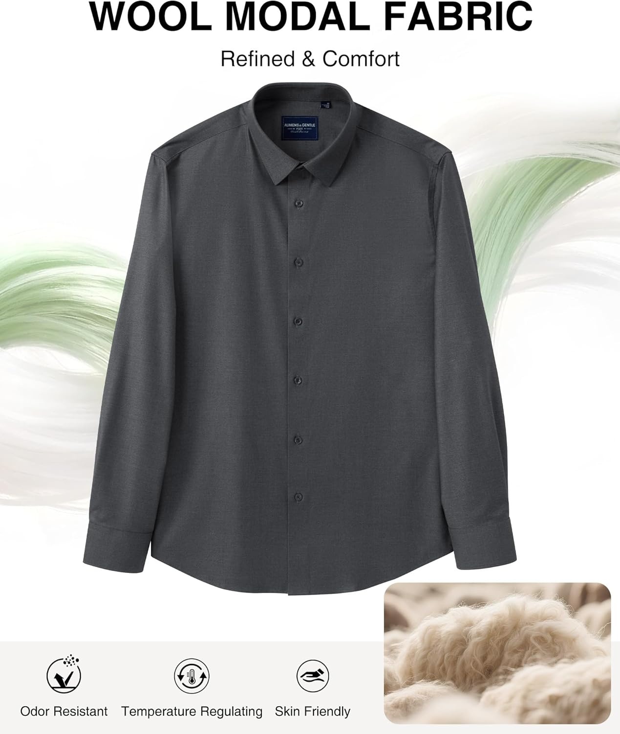 image:imageAlimens amp Gentle Mens Premium Dress Shirts Wool Modal Performance Wrinkle Free Button Down ShirtDark Grey