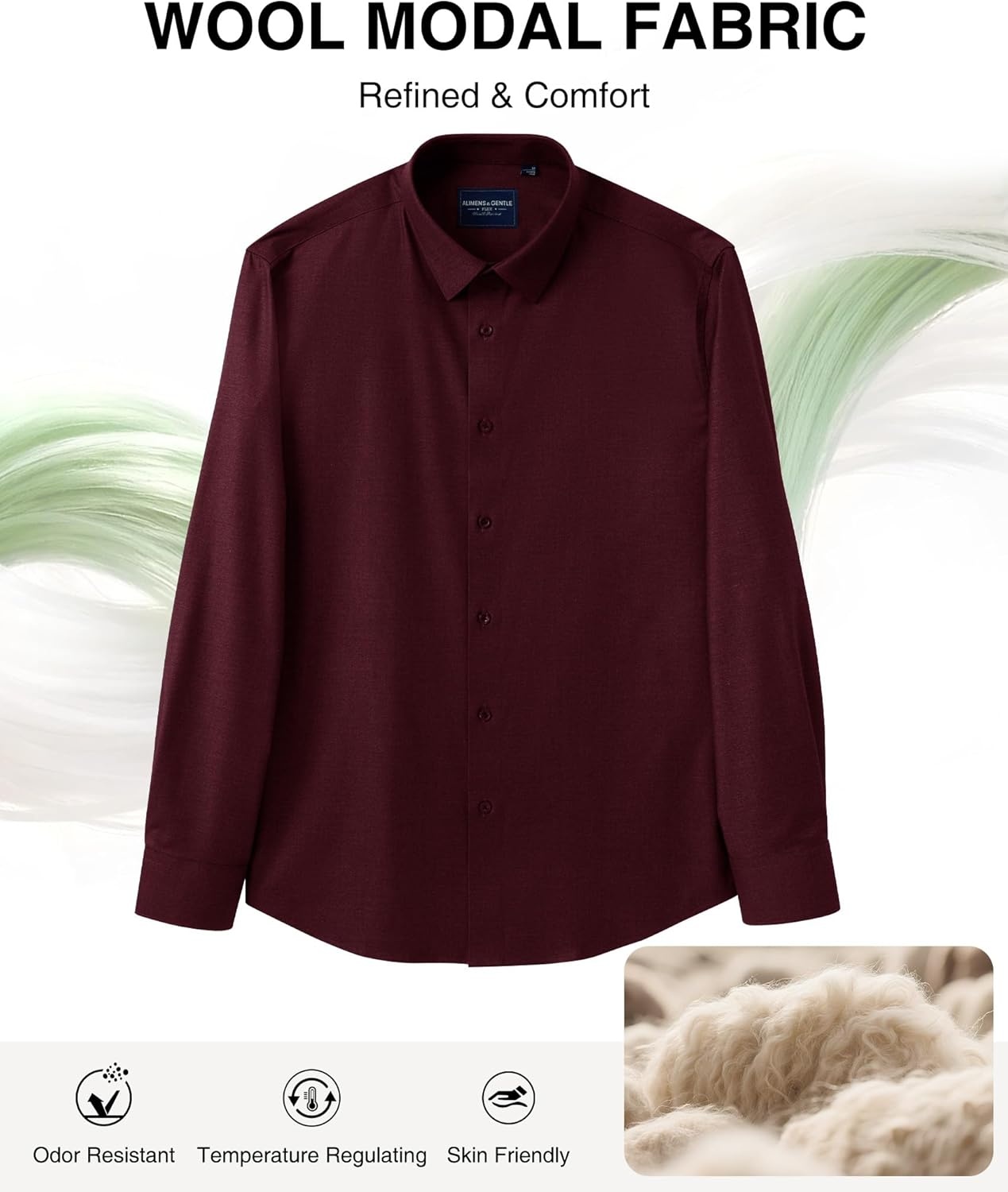 image:imageAlimens amp Gentle Mens Premium Dress Shirts Wool Modal Performance Wrinkle Free Button Down ShirtWine Red