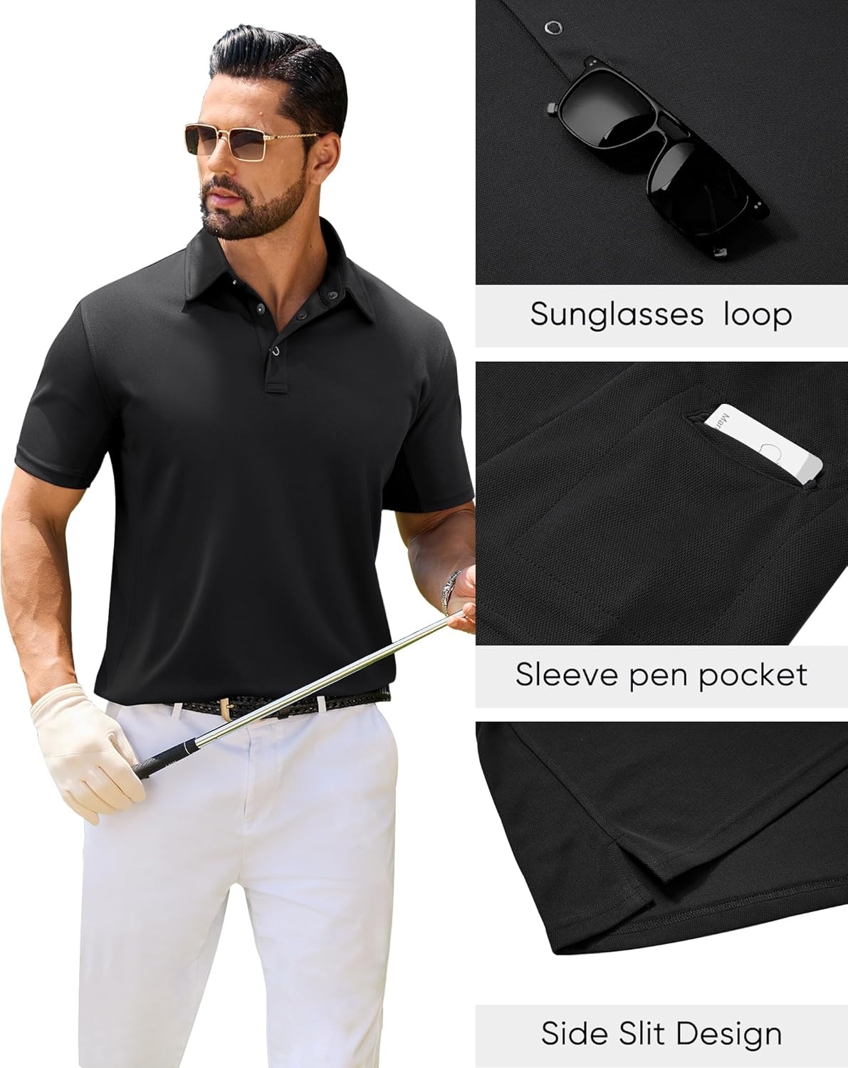 image:imageAlimens amp Gentle Polo Shirts for Men Short Sleeve Golf Shirt Camping Dry Fit Tops with Pocket Dark Black