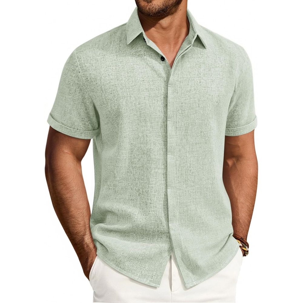 image:imageAlimens amp Gentle Mens Linen Shirt Short Sleeve Button Down Shirt Casual Summer Beach Vacation Wedding Linen Texture ShirtsLight Green
