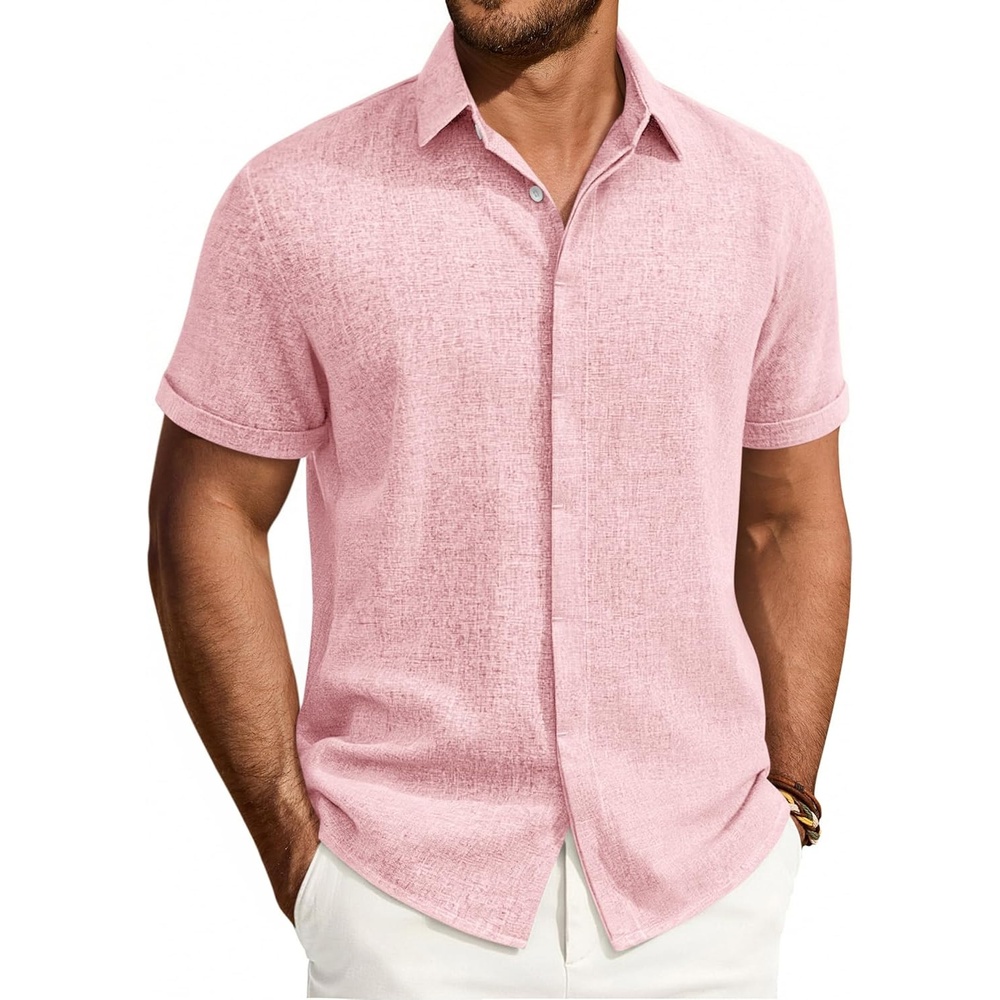 image:imageAlimens amp Gentle Mens Linen Shirt Short Sleeve Button Down Shirt Casual Summer Beach Vacation Wedding Linen Texture ShirtsPink