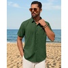 Alimens & Gentle Mens Linen Shirt Short Sleeve Button Down Shirt Casual Summer Beach Vacation Wedding Linen Texture Shirts(Dark Green)