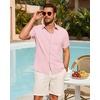 Alimens & Gentle Mens Linen Shirt Short Sleeve Button Down Shirt Casual Summer Beach Vacation Wedding Linen Texture Shirts(Pink)