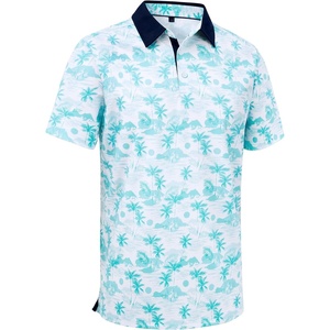 Alimens & Gentle Golf Polo Shirts for Men Short Sleeve Print Dry Fit Moisture Wicking Stretch Collared Business Casual Shirt(Blue Coconut Beach)