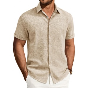 Alimens & Gentle Mens Linen Shirt Short Sleeve Button Down Shirt Casual Summer Beach Vacation Wedding Linen Texture Shirts(Stone)
