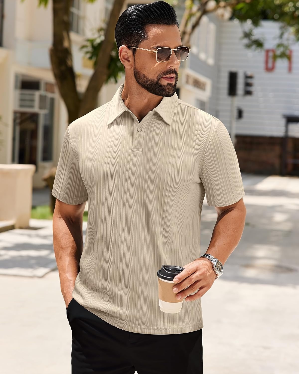 image:imageAlimens amp Gentle Tan Polo Shirts for Men Short Sleeve Textured Knit Stretch Summer Beach Casual Party Golf Shirt 2XL