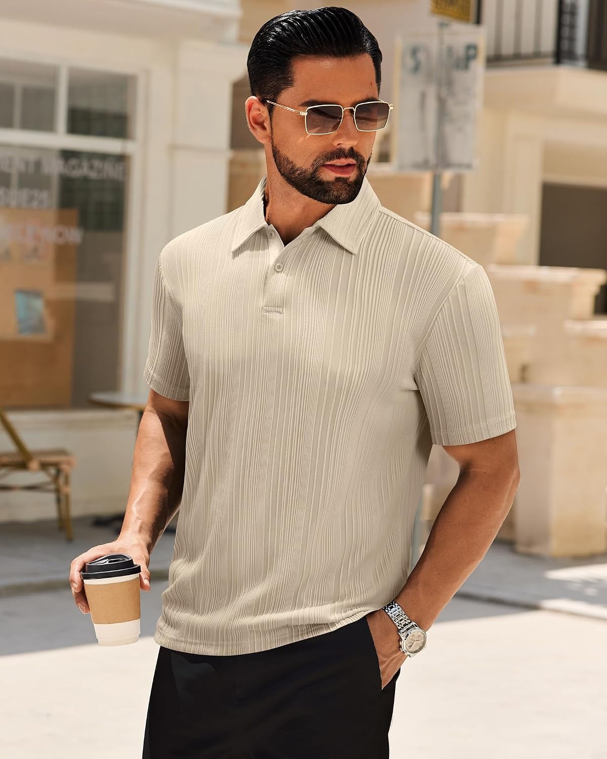 image:imageAlimens amp Gentle Tan Polo Shirts for Men Short Sleeve Textured Knit Stretch Summer Beach Casual Party Golf Shirt 2XL