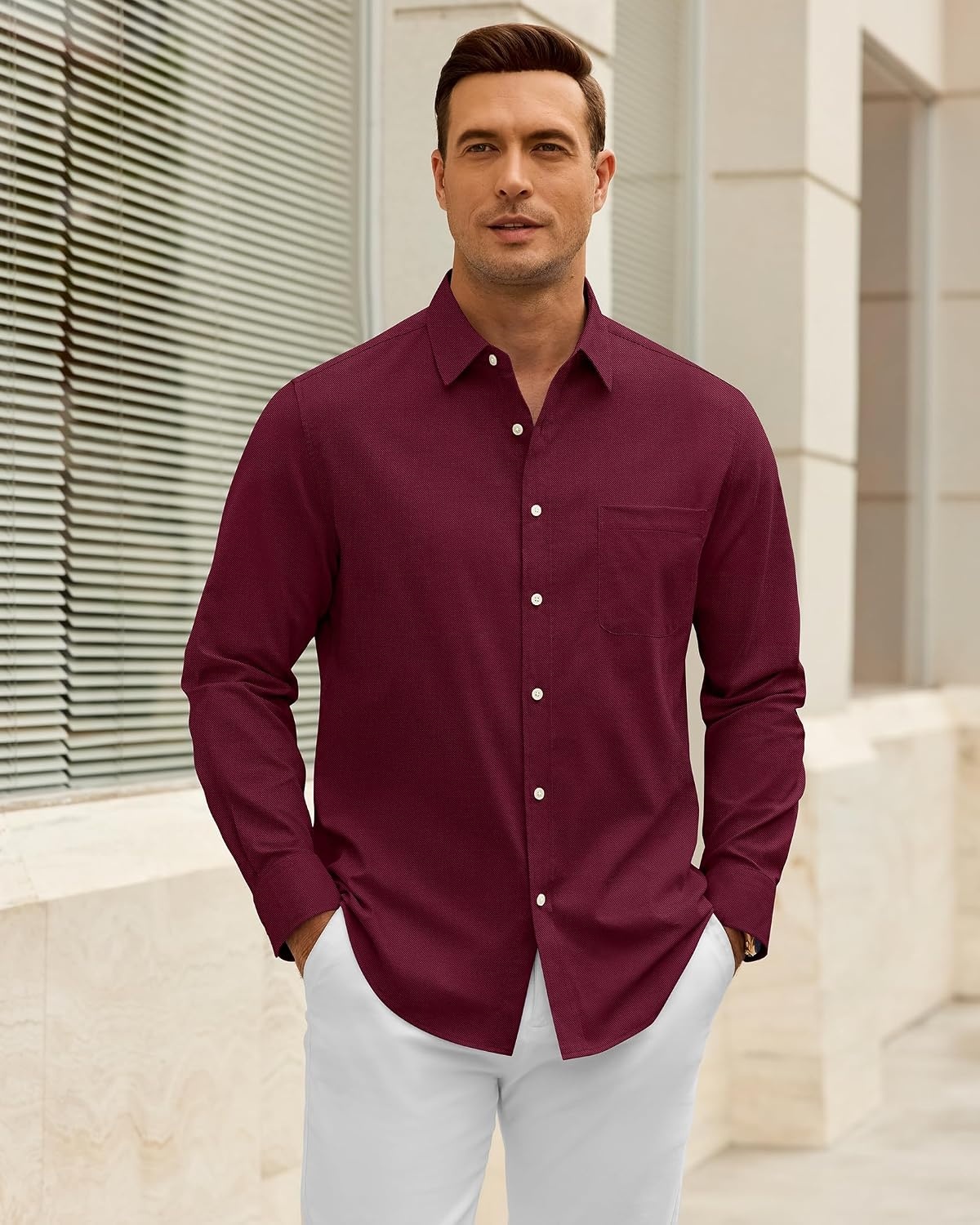 image:imageAlimens amp Gentle Stretch Mens Oxford Shirt Long Sleeve Dress Shirt Casual Work Business Button Down Shirts with PocketBurgundy