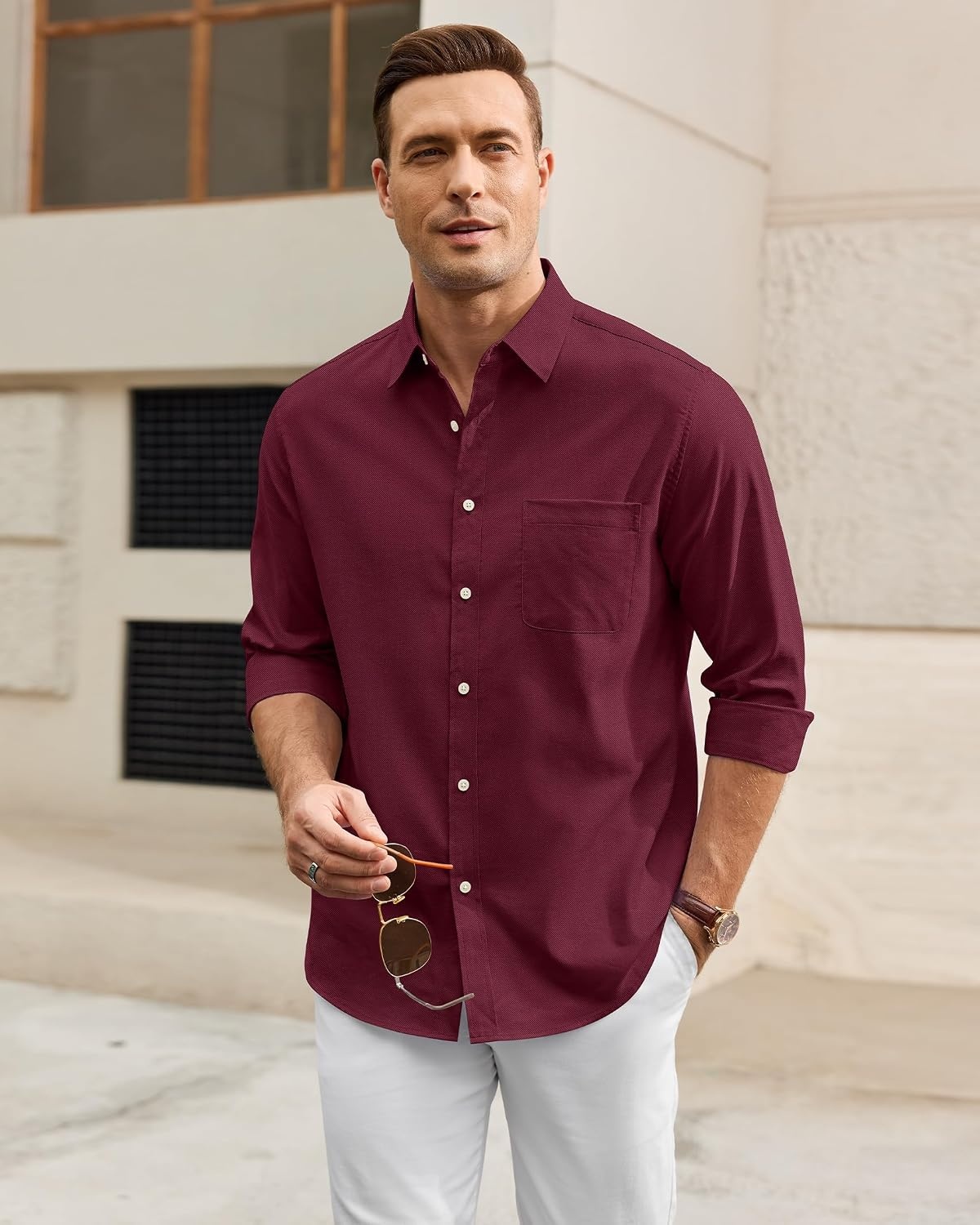 image:imageAlimens amp Gentle Stretch Mens Oxford Shirt Long Sleeve Dress Shirt Casual Work Business Button Down Shirts with PocketBurgundy