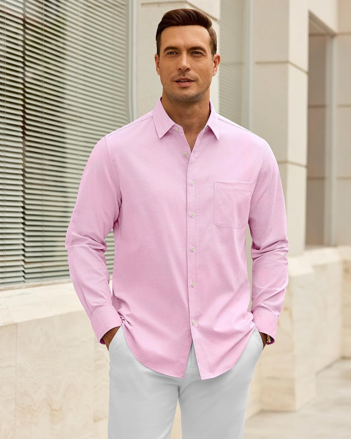 image:imageAlimens amp Gentle Stretch Mens Oxford Shirt Long Sleeve Dress Shirt Casual Work Business Button Down Shirts with PocketLight Pink