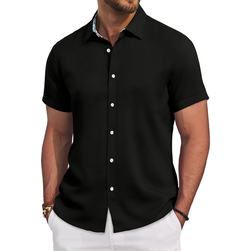image:imageAlimens amp Gentle Mens Linen Shirt Short Sleeve Button Down Shirt Casual Beach Vacation Summer Wedding ShirtsBlack