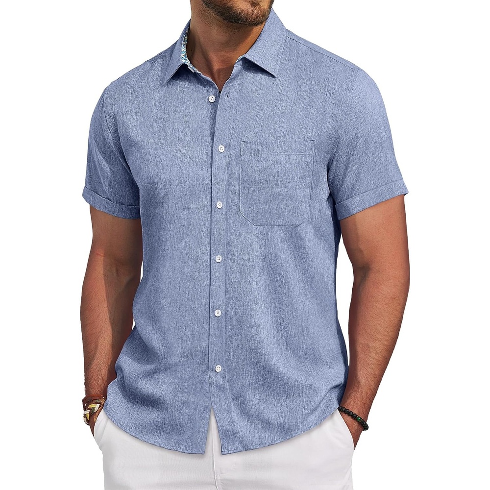image:imageAlimens amp Gentle Mens Linen Shirt Short Sleeve Button Down Shirt Casual Beach Vacation Summer Wedding ShirtsBlue