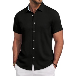 Alimens & Gentle Mens Linen Shirt Short Sleeve Button Down Shirt Casual Beach Vacation Summer Wedding Shirts(Black)
