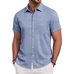 Alimens & Gentle Mens Linen Shirt Short Sleeve Button Down Shirt Casual Beach Vacation Summer Wedding Shirts(Blue)