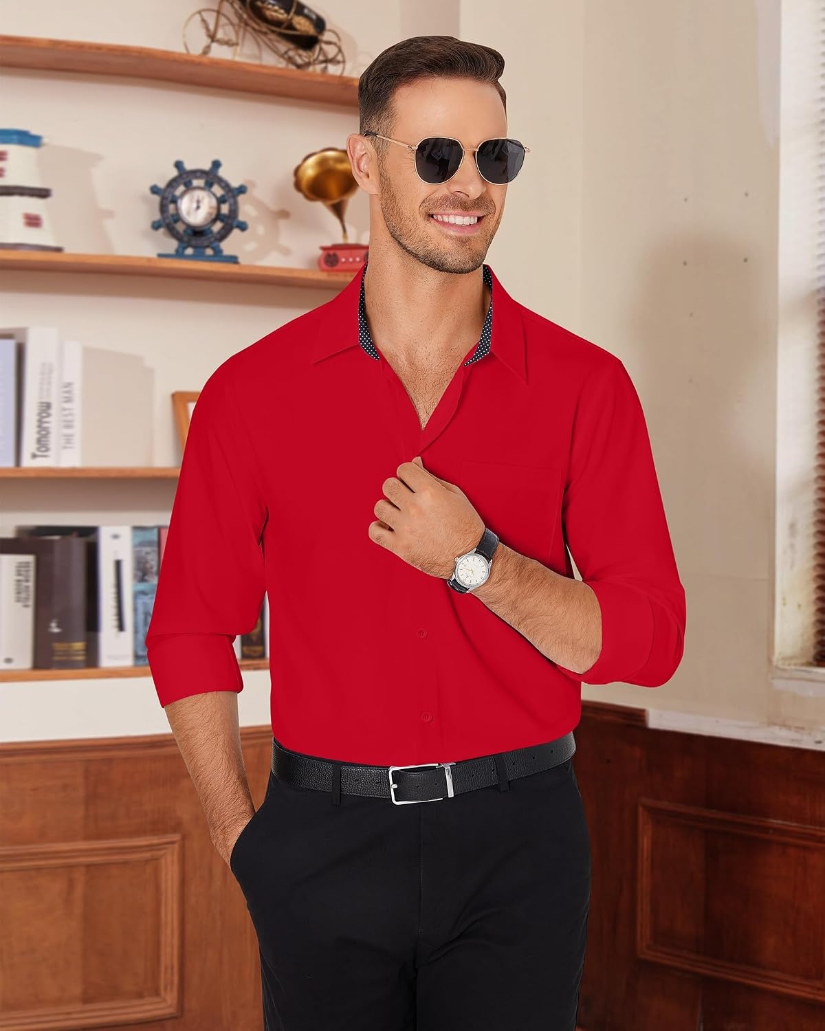 image:imageAlimens amp Gentle Mens Dress Shirt Long Sleeve Button Down Shirt with Pocket PocketFormalTravelPolyesterWeddingWrinkle FreeButton UpStretchPlaid CollarClubGraduationChurchBusiness