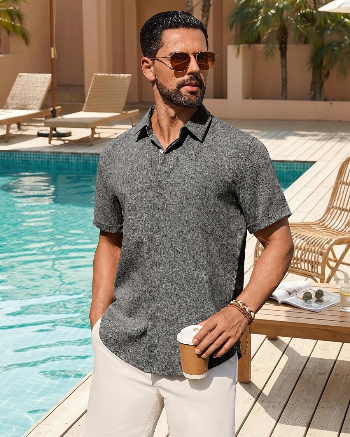 image:imageMens Linen Shirt Short Sleeve Button Down Shirt Summer Casual Beach Tops Lightweight Breathable Shrinkresistant Linen Texture Relaxed Fit Button Up for Vacation Wedding Work Office Date DailyGrey