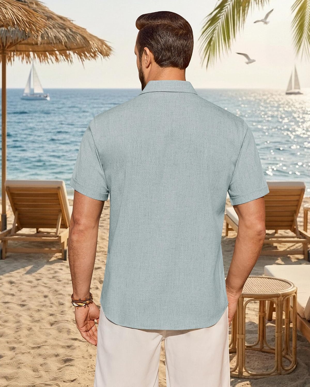 image:imageMens Linen Shirt Short Sleeve Button Down Shirt Summer Casual Beach Tops Lightweight Breathable Shrinkresistant Linen Texture Relaxed Fit Button Up for Vacation Wedding Work Office Date DailyDusty Blue
