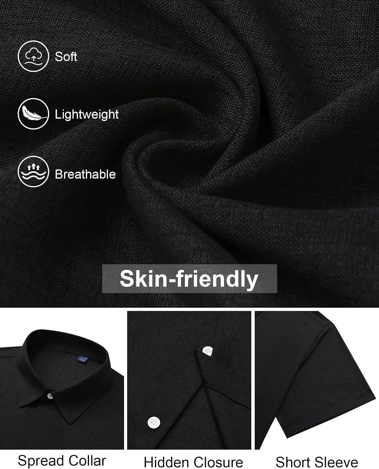image:imageMens Linen Shirt Short Sleeve Button Down Shirt Summer Casual Beach Tops Lightweight Breathable Shrinkresistant Linen Texture Relaxed Fit Button Up for Vacation Wedding Work Office Date DailyBlack
