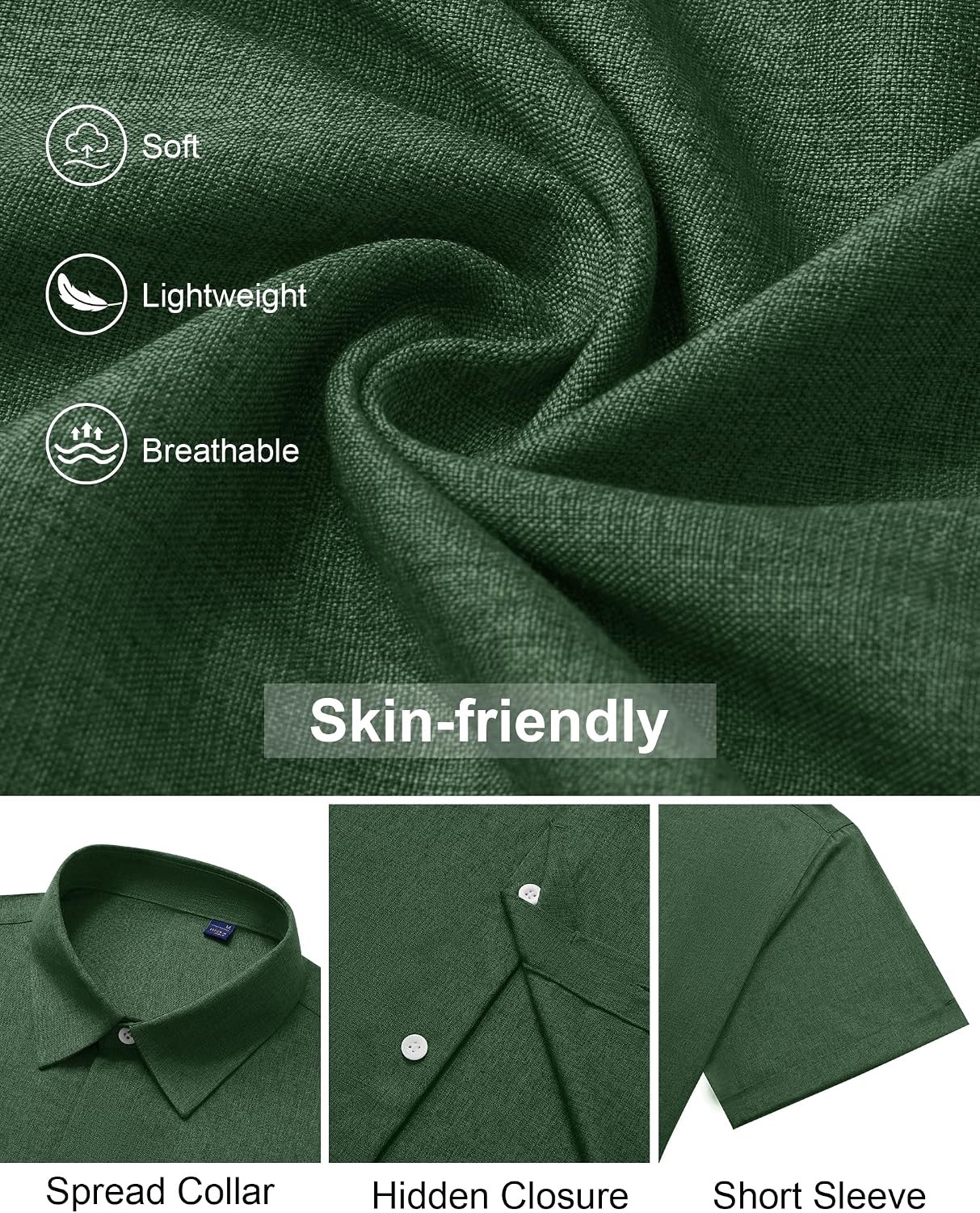 image:imageMens Linen Shirt Short Sleeve Button Down Shirt Summer Casual Beach Tops Lightweight Breathable Shrinkresistant Linen Texture Relaxed Fit Button Up for Vacation Wedding Work Office Date DailyDark Green
